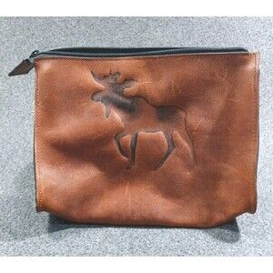 Two Bar West Brown Leather Moose Stamped Zipperd Satchel Bag